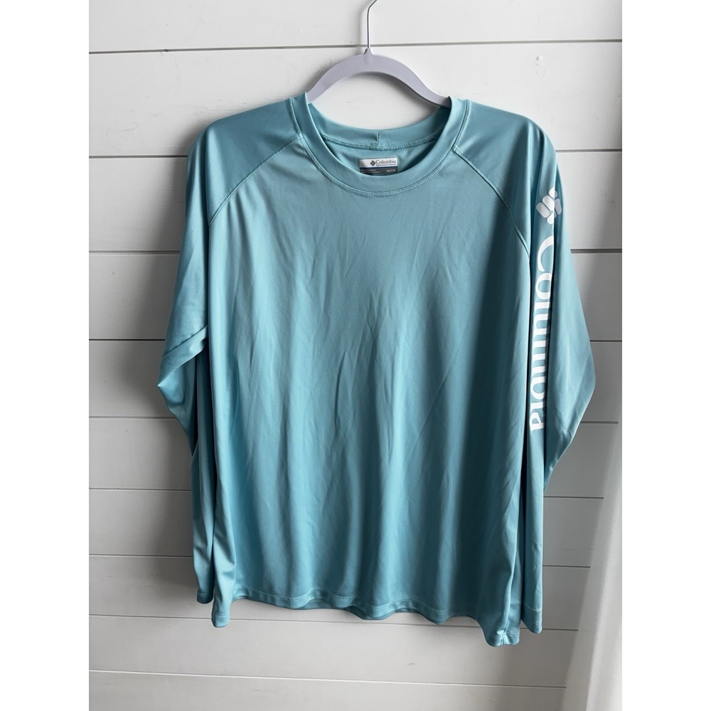 Columbia Womens PFG Omni-Shade Long Sleeve Teal Blue Green Beach Fish 1x ‎ 0313